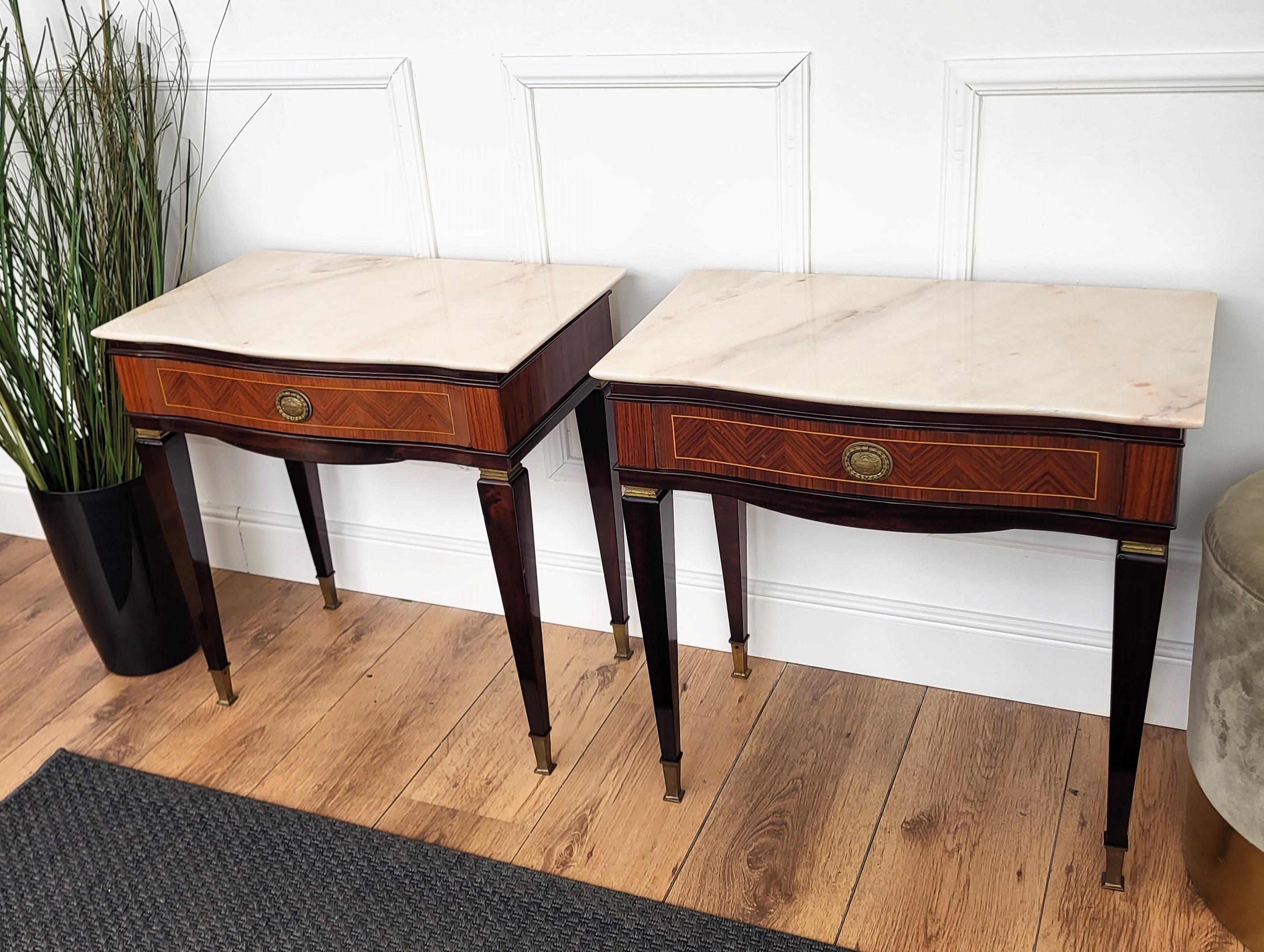 Pair of Italian Art Deco Marquetry Wood Marble Top Night Stands Bedside Tables 2