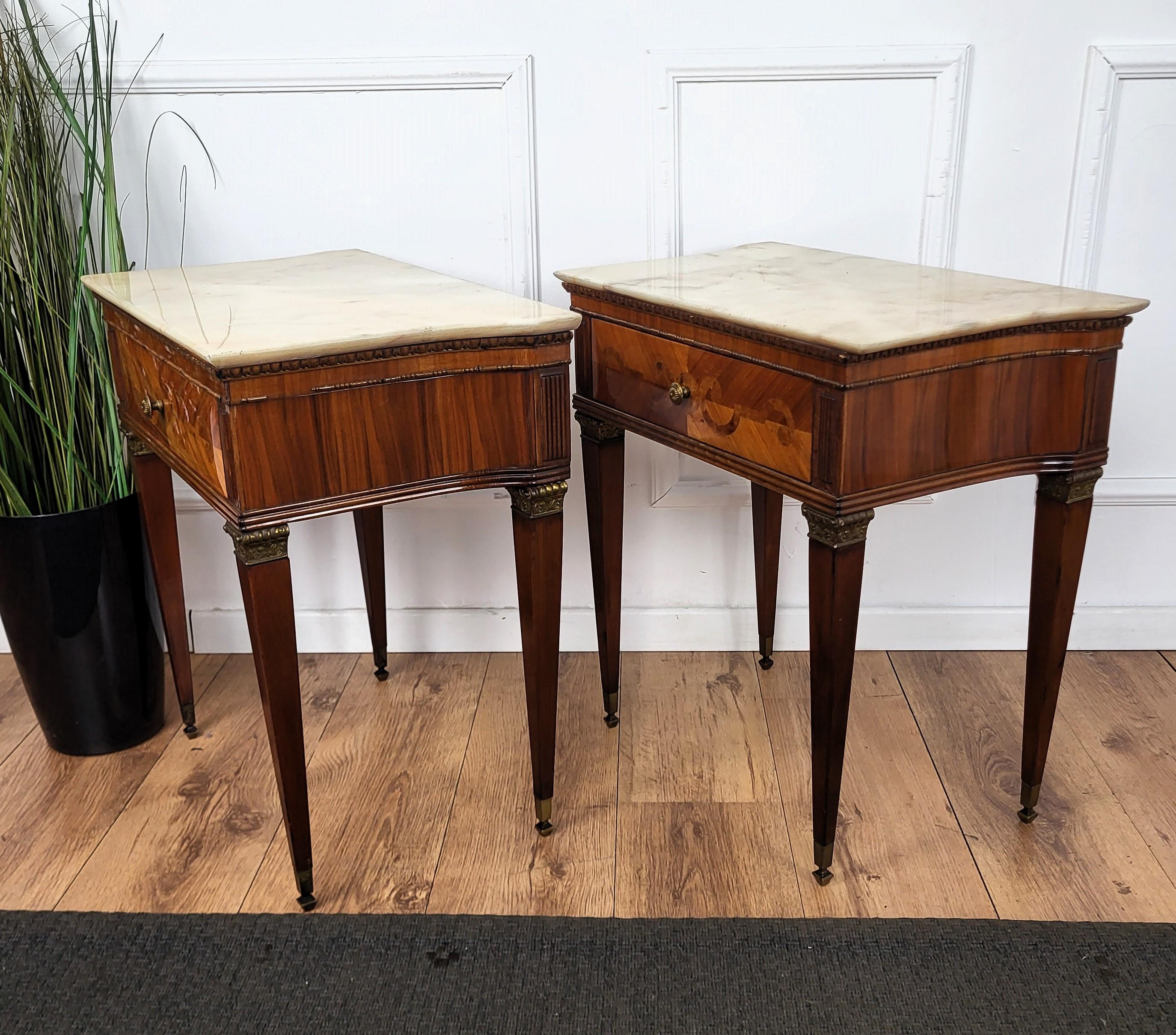 Pair of Italian Art Deco Marquetry Wood Marble Top Night Stands Bedside Tables 3