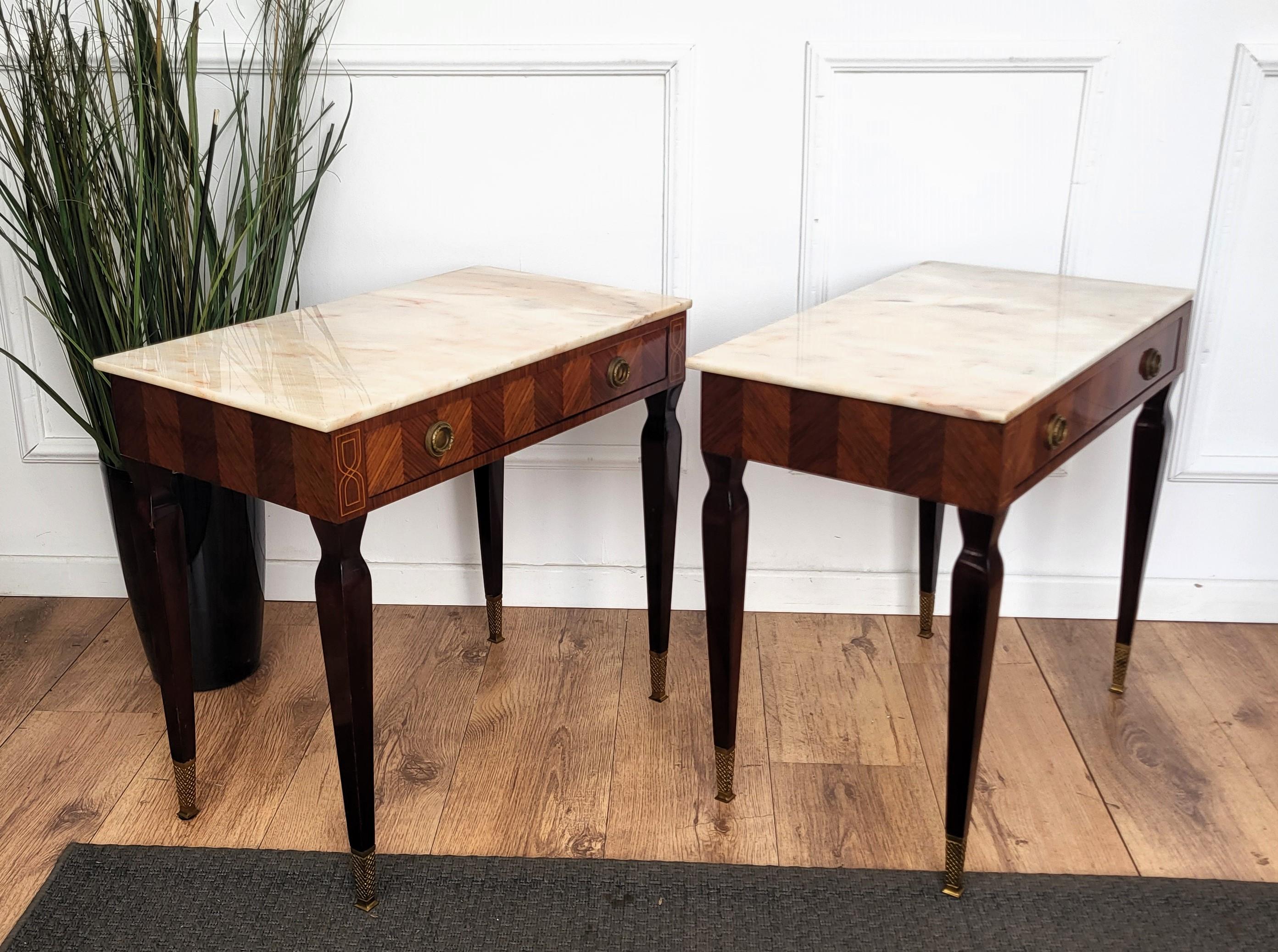 Pair of Italian Art Deco Marquetry Wood Marble Top Night Stands Bedside Tables For Sale 3