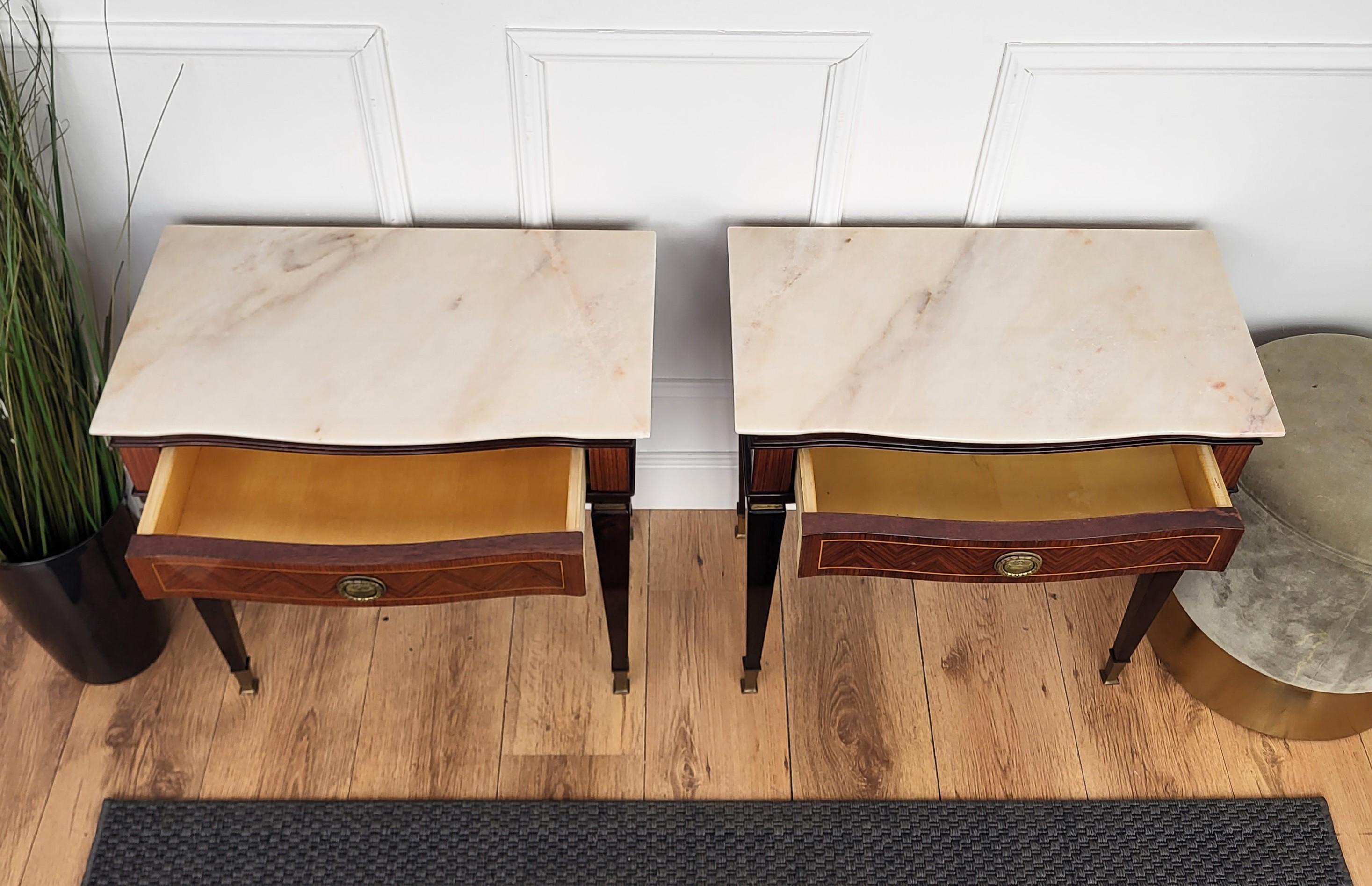 Pair of Italian Art Deco Marquetry Wood Marble Top Night Stands Bedside Tables 3