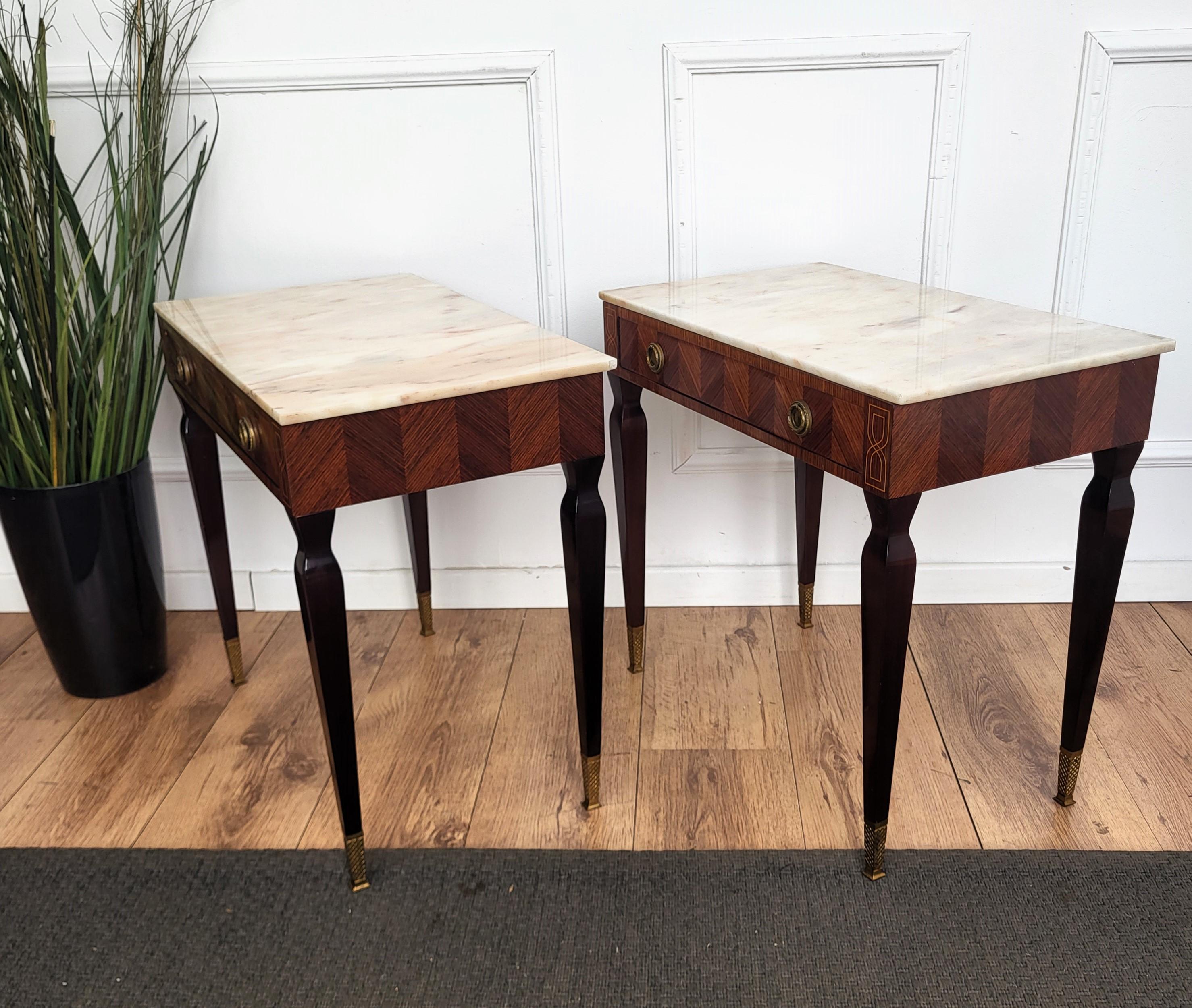 Pair of Italian Art Deco Marquetry Wood Marble Top Night Stands Bedside Tables For Sale 4