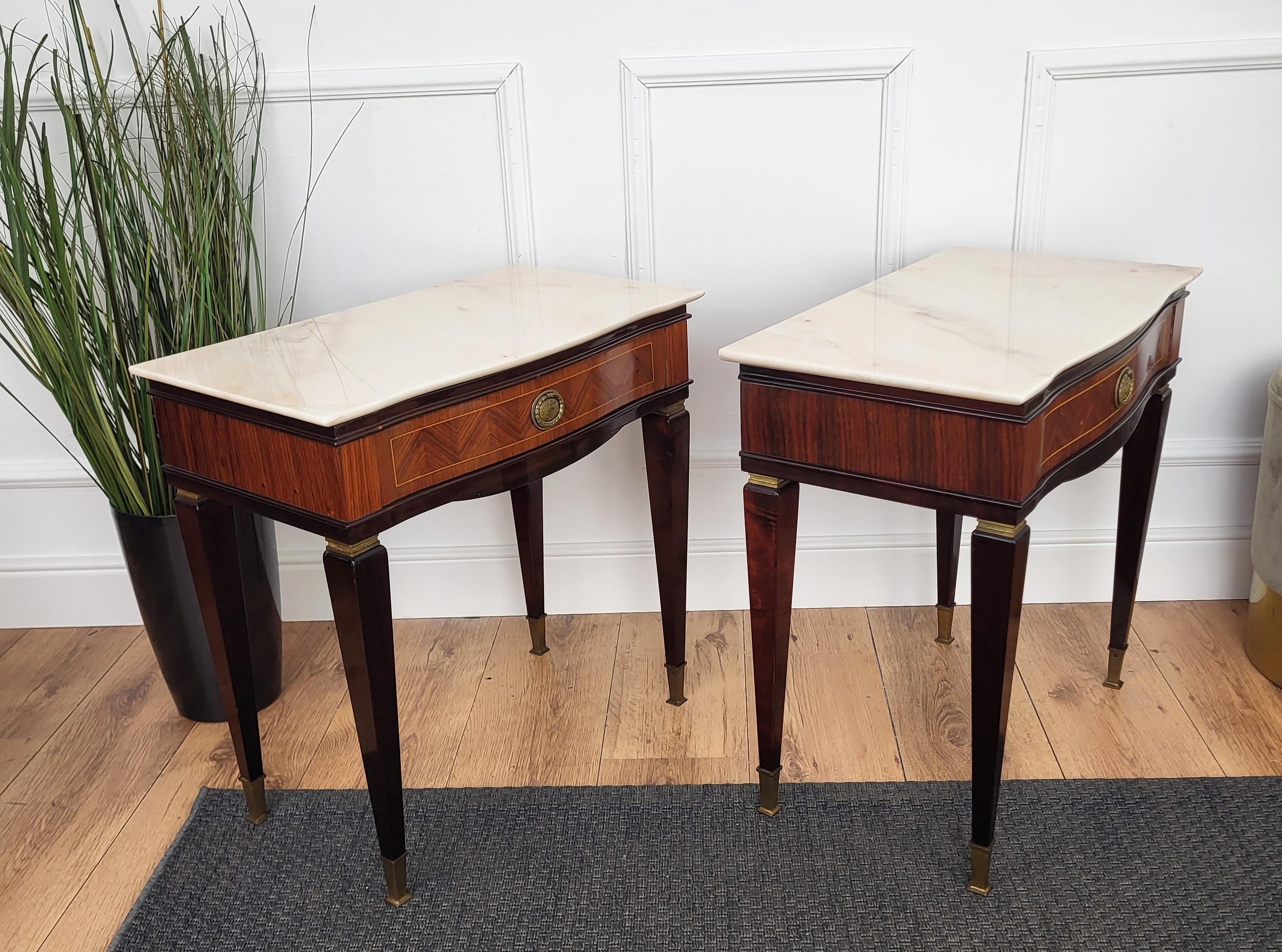 Pair of Italian Art Deco Marquetry Wood Marble Top Night Stands Bedside Tables 4