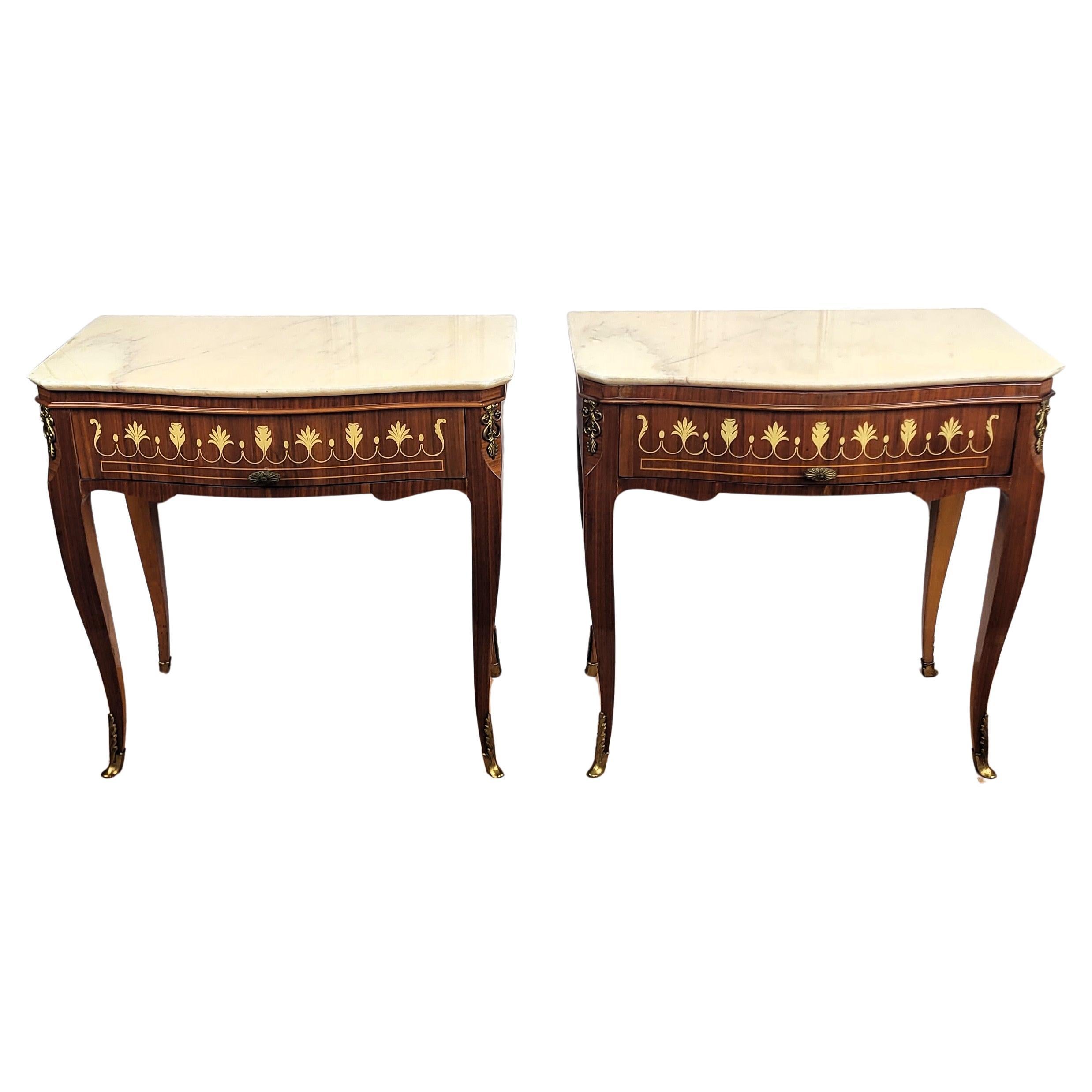 Pair of Italian Art Deco Marquetry Wood Marble Top Night Stands Bedside Tables