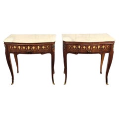 Retro Pair of Italian Art Deco Marquetry Wood Marble Top Night Stands Bedside Tables