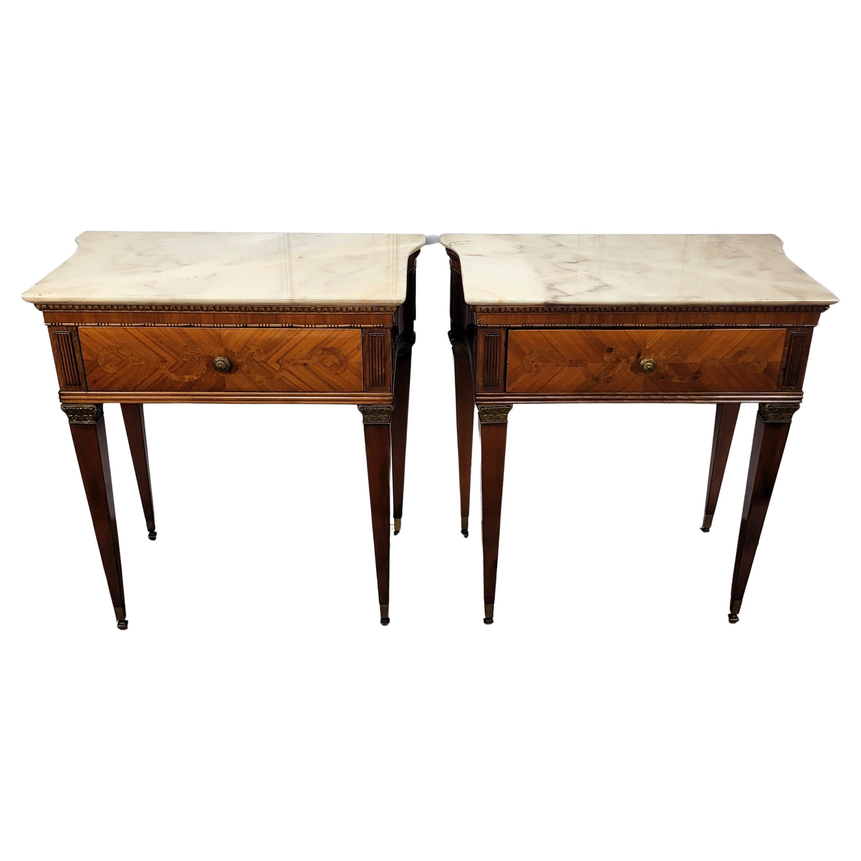 Pair of Italian Art Deco Marquetry Wood Marble Top Night Stands Bedside Tables