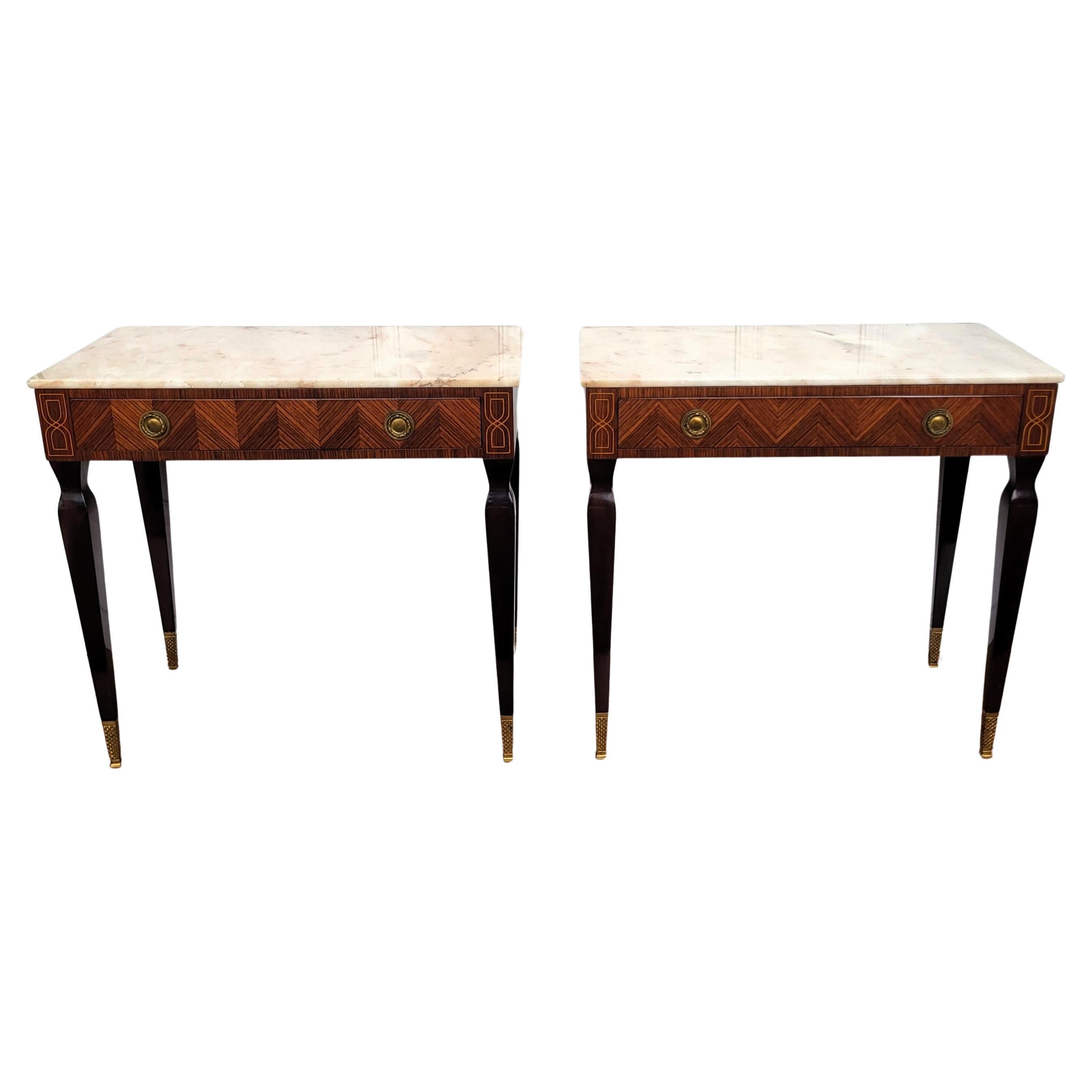 Pair of Italian Art Deco Marquetry Wood Marble Top Night Stands Bedside Tables For Sale