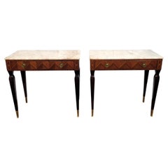 Vintage Pair of Italian Art Deco Marquetry Wood Marble Top Night Stands Bedside Tables