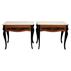 Pair of Italian Art Deco Marquetry Wood Marble Top Night Stands Bedside Tables