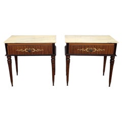 Pair of Italian Art Deco Marquetry Wood Marble Top Night Stands Bedside Tables