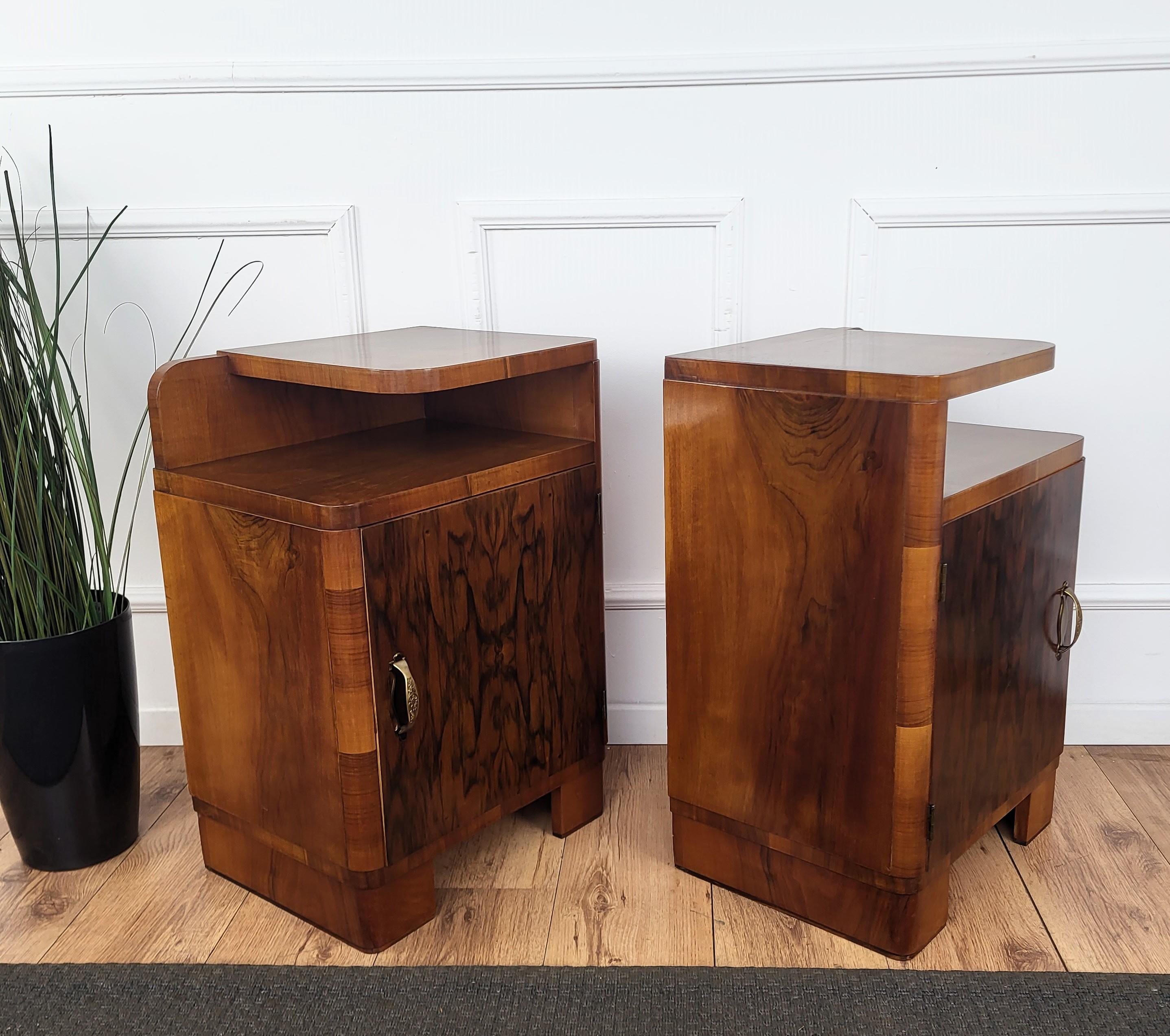 Brass Pair of Italian Art Deco Night Stands Bed Side Tables in Burl Walnut