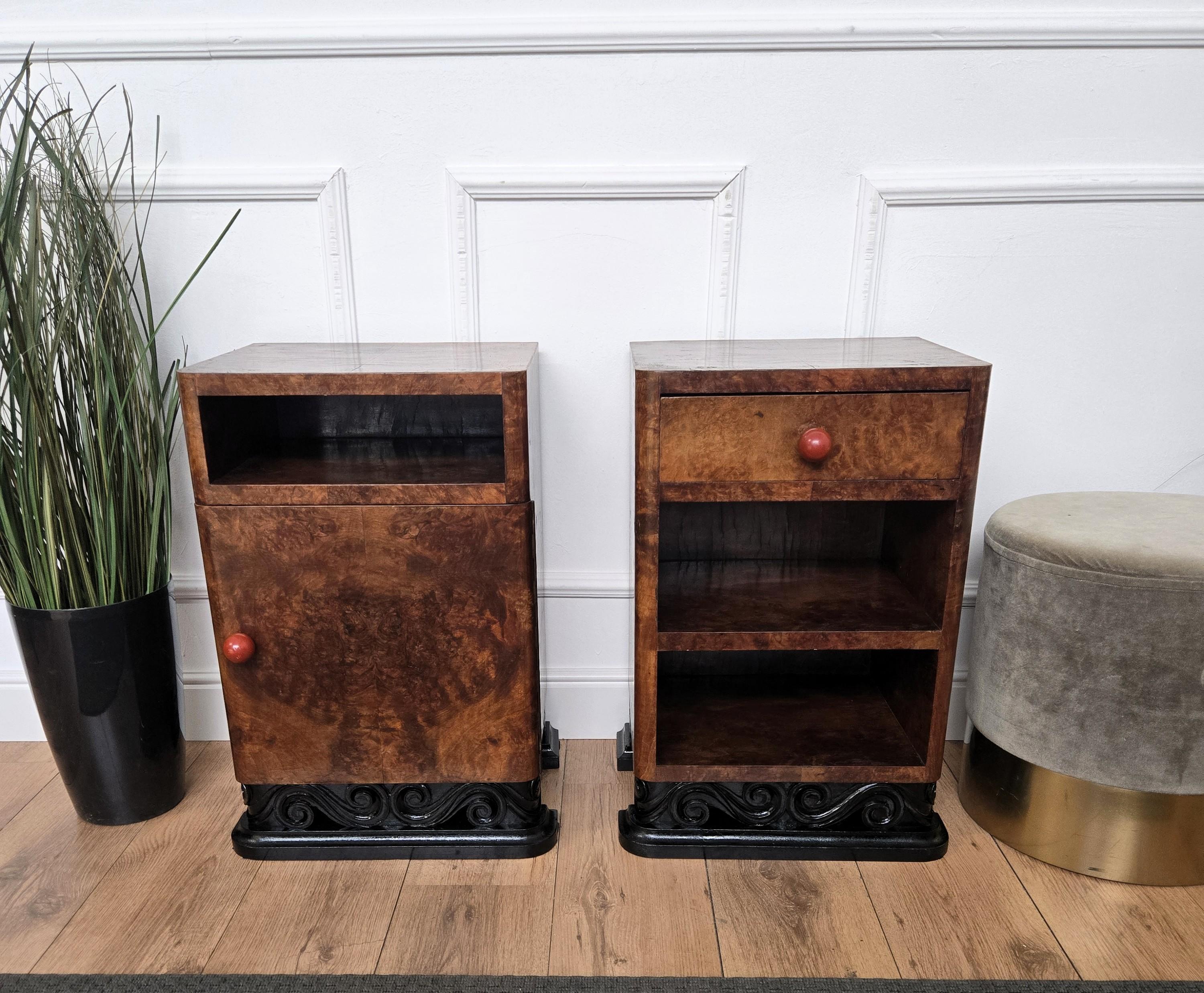 Brass Pair of Italian Art Deco Night Stands Bed Side Tables in Burl Walnut For Sale