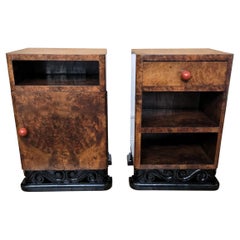Pair of Italian Art Deco Night Stands Bed Side Tables in Burl Walnut