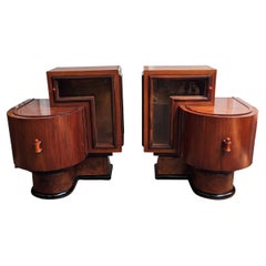 Pair of Italian Art Deco Night Stands Bedside Tables in Burl Walnut