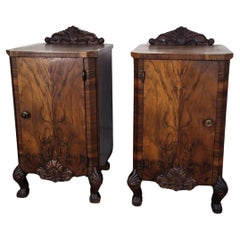 Antique Pair of Italian Art Deco Night Stands Bed Side Tables in Burl Walnut