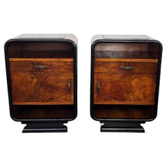 Pair of Italian Art Deco Night Stands Bed Side Tables in Burl Walnut