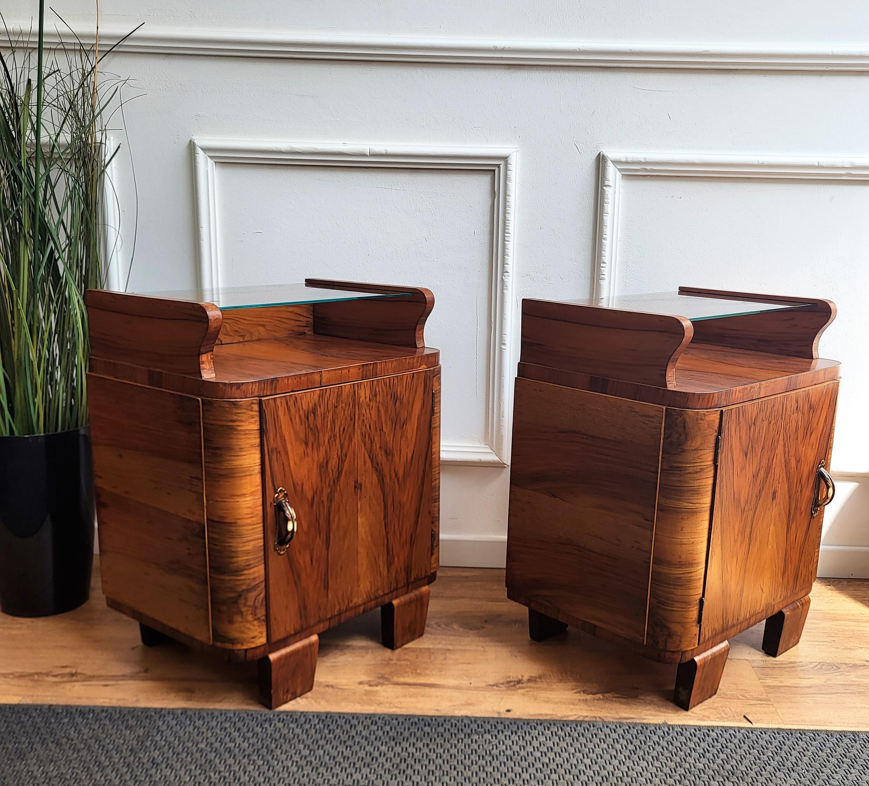 Pair of Italian Art Deco Night Stands Bed Side Tables in Burl Walnut Glass Top 2