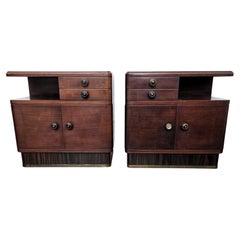 Pair of Italian Art Deco Night Stands Bed Side Tables Wood Black Glass Top