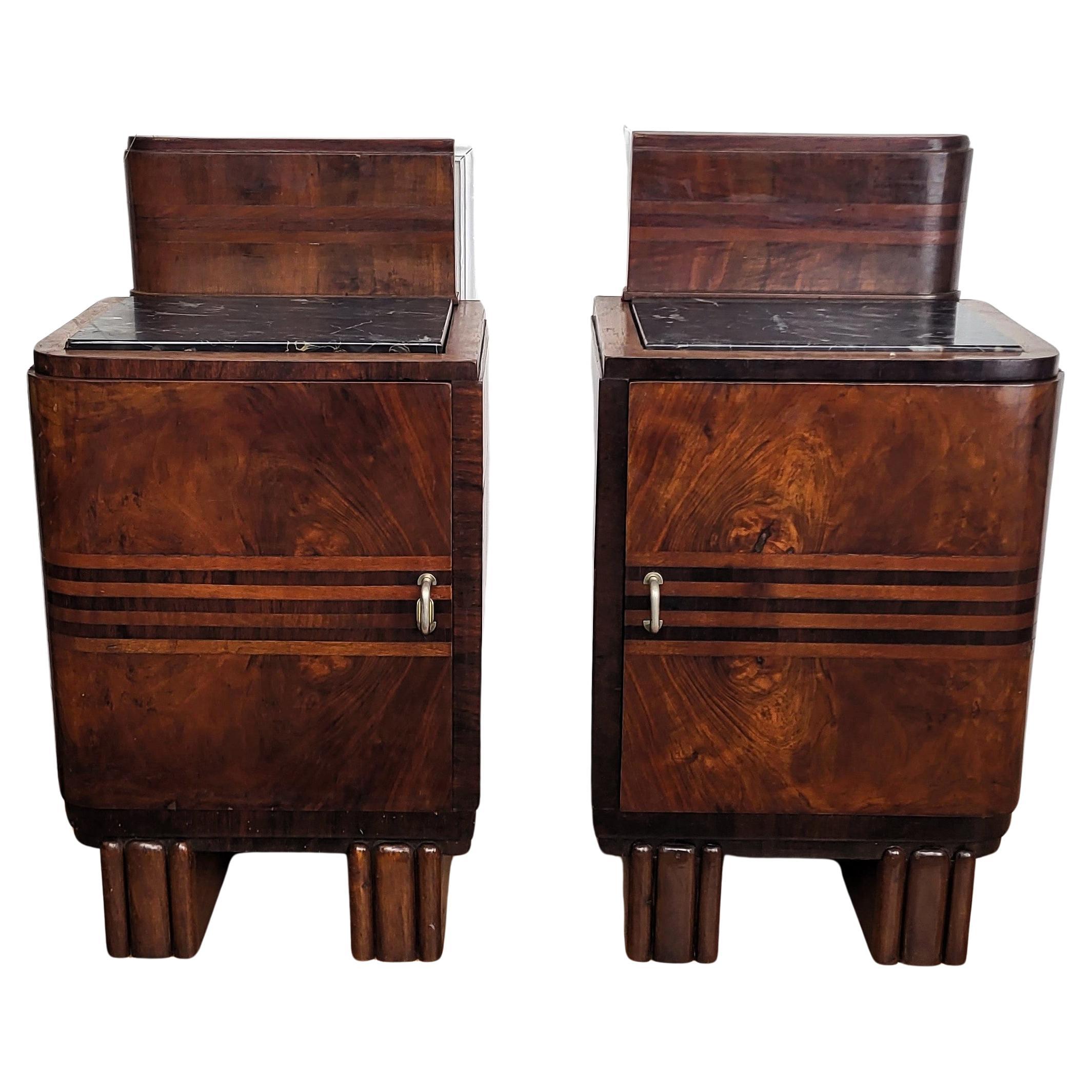 Pair of Italian Art Deco Night Stands Bed Tables in Burl Walnut Black Marble Top