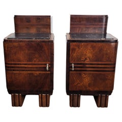 Retro Pair of Italian Art Deco Night Stands Bed Tables in Burl Walnut Black Marble Top