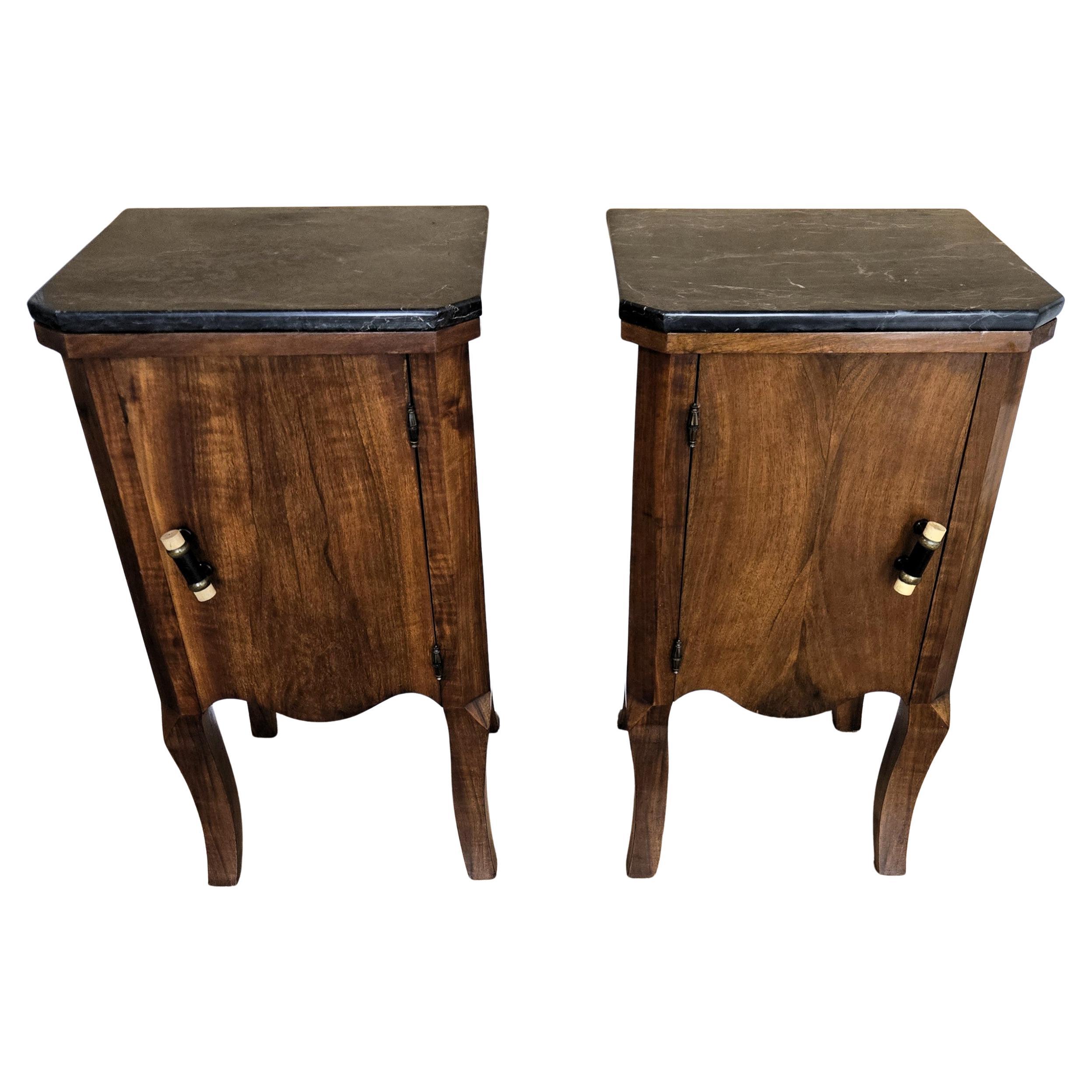 Pair of Italian Art Deco Night Stands Bed Tables in Burl Walnut Black Marble Top