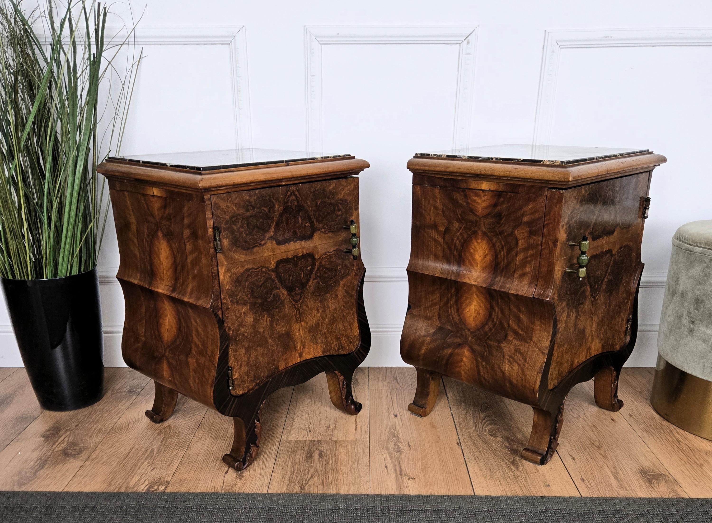 Pair of Italian Art Deco Night Stands Bed Tables in Burl Walnut Portoro Marble For Sale 5