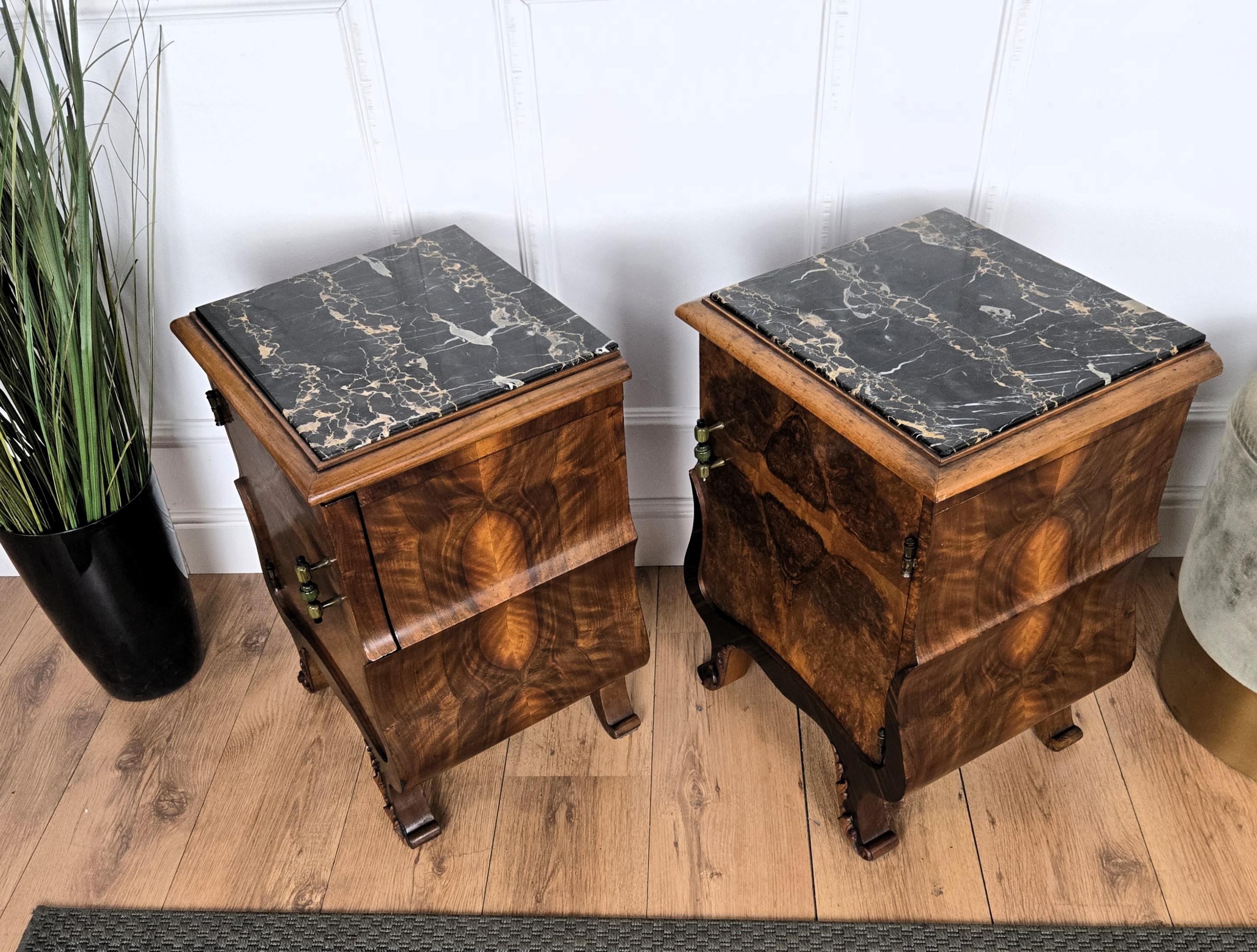 Pair of Italian Art Deco Night Stands Bed Tables in Burl Walnut Portoro Marble For Sale 6