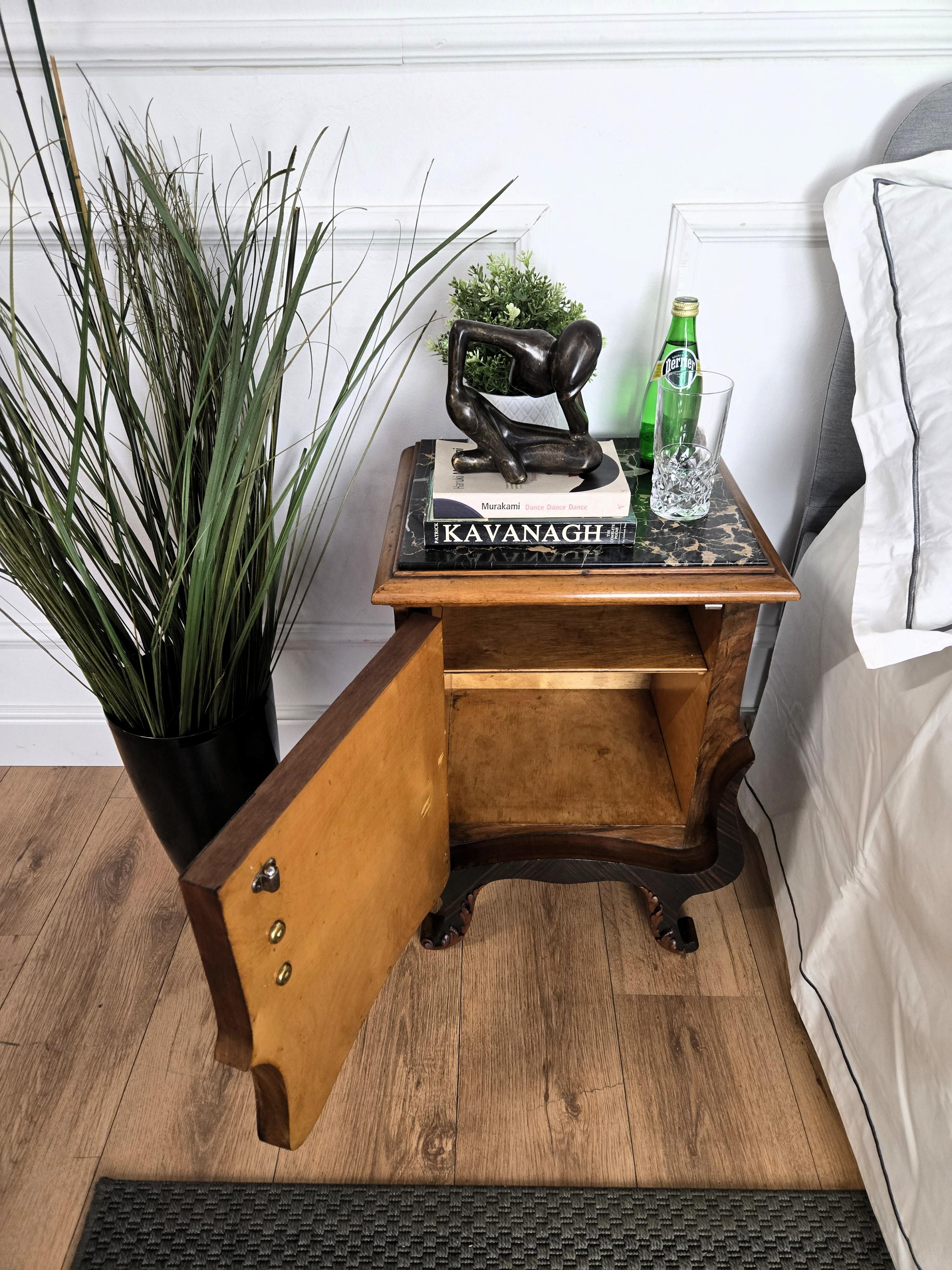 20th Century Pair of Italian Art Deco Night Stands Bed Tables in Burl Walnut Portoro Marble For Sale