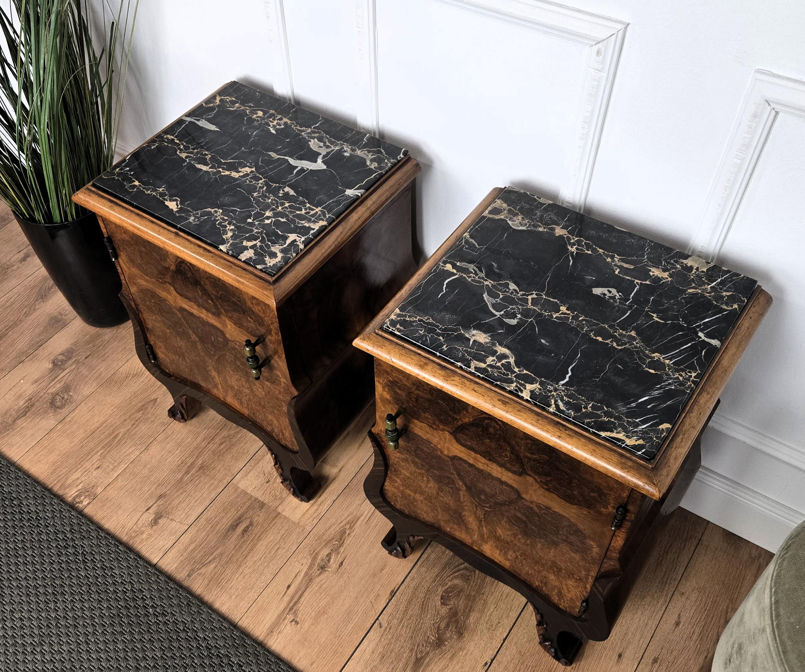 Brass Pair of Italian Art Deco Night Stands Bed Tables in Burl Walnut Portoro Marble For Sale
