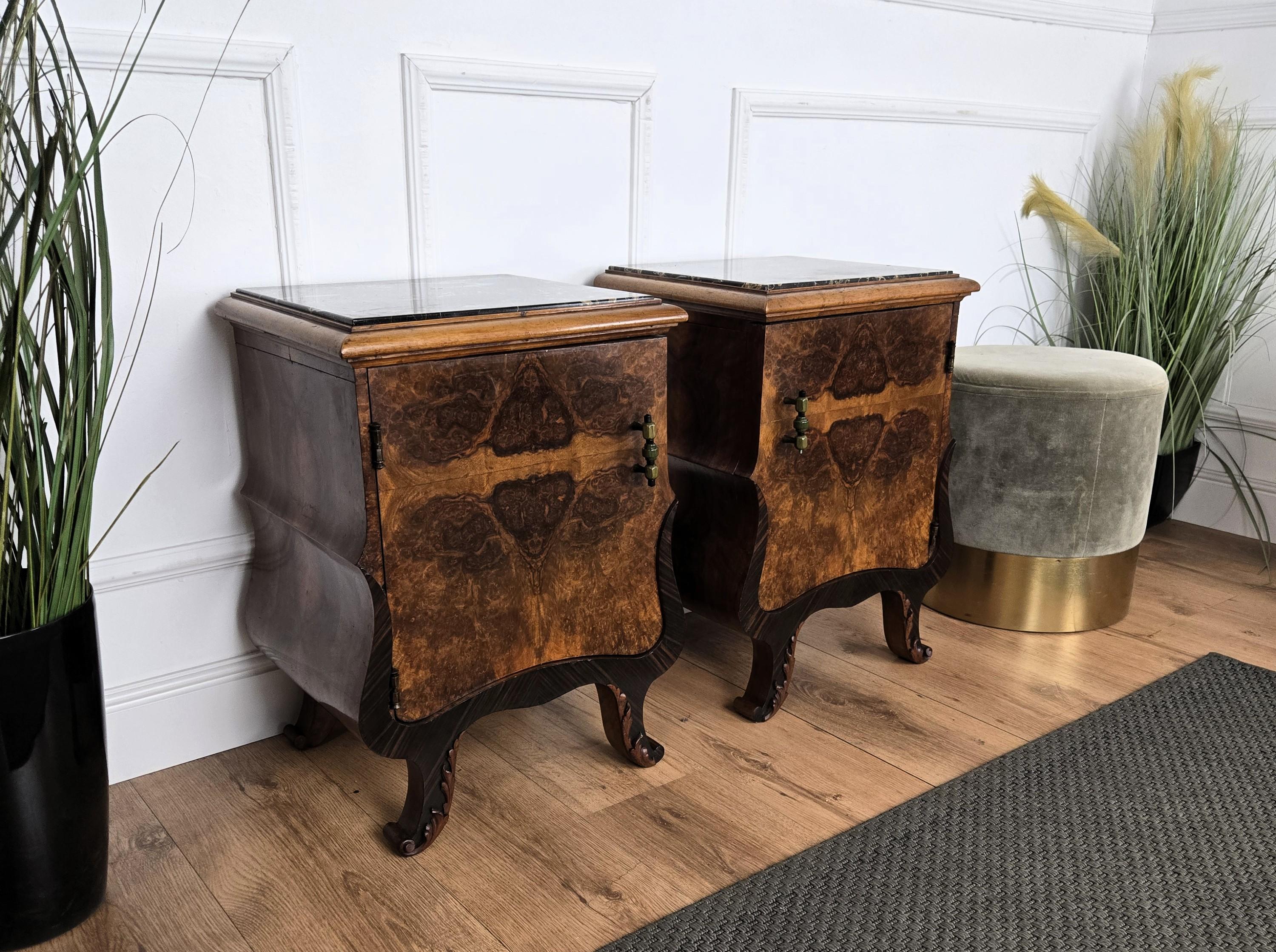 Pair of Italian Art Deco Night Stands Bed Tables in Burl Walnut Portoro Marble For Sale 1