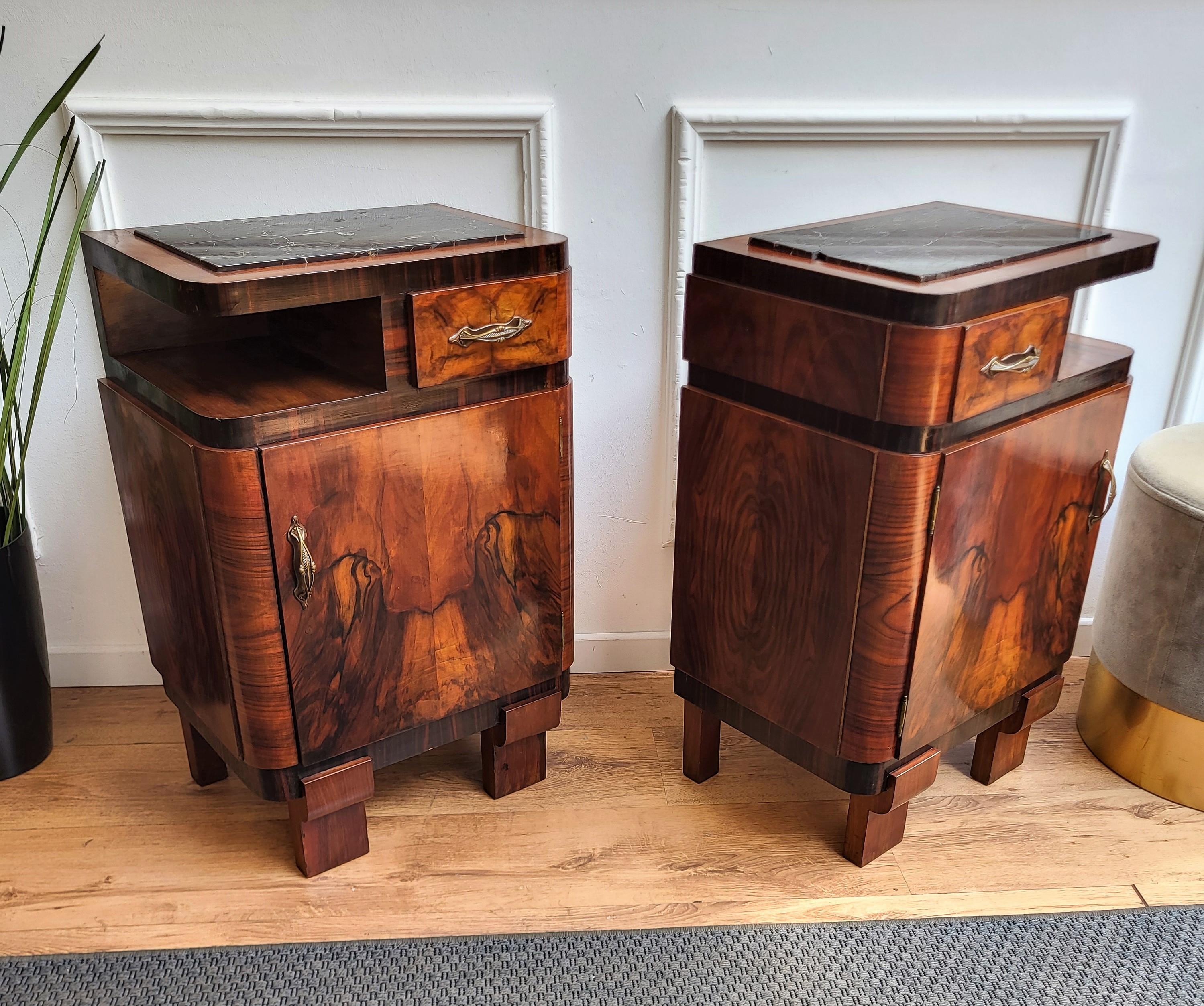 Pair of Italian Art Deco Night Stands Bed Tables in Burl Walnut Portoro Marble 2