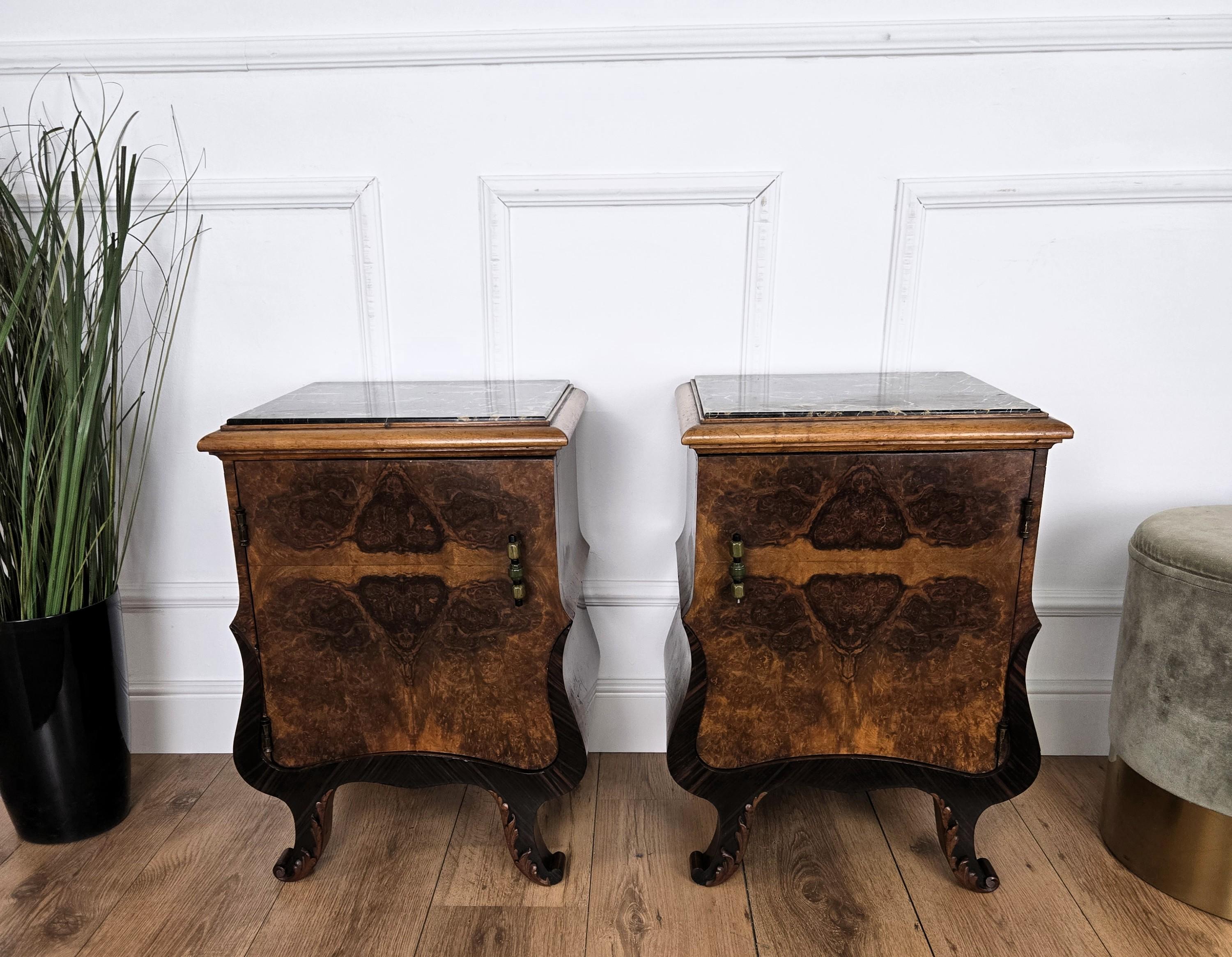 Pair of Italian Art Deco Night Stands Bed Tables in Burl Walnut Portoro Marble For Sale 2