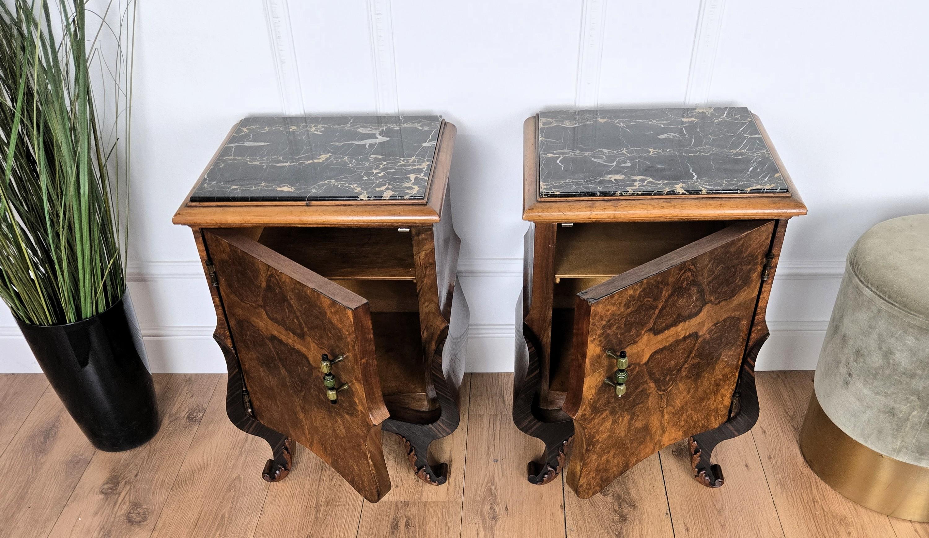 Pair of Italian Art Deco Night Stands Bed Tables in Burl Walnut Portoro Marble For Sale 3