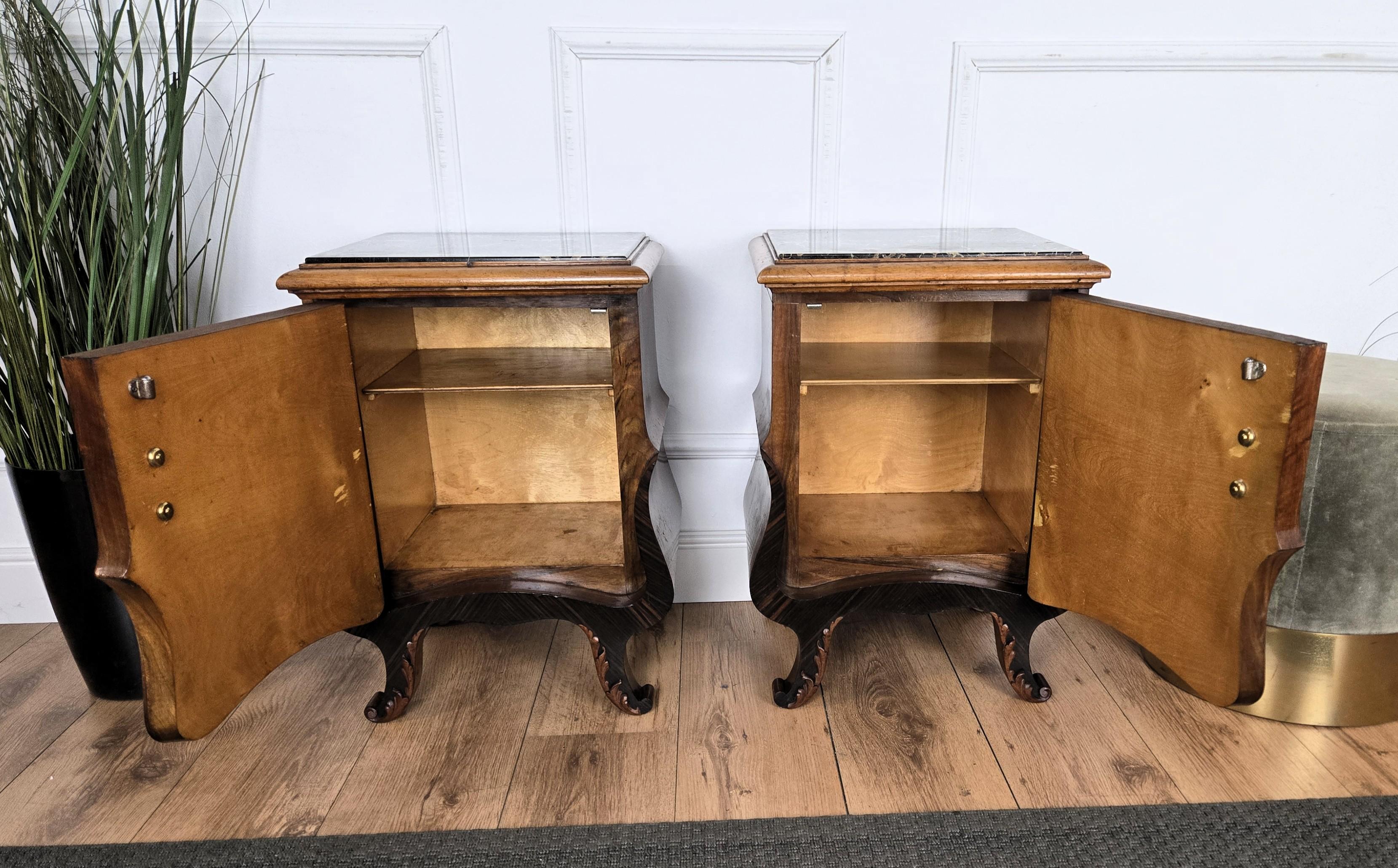 Pair of Italian Art Deco Night Stands Bed Tables in Burl Walnut Portoro Marble For Sale 4