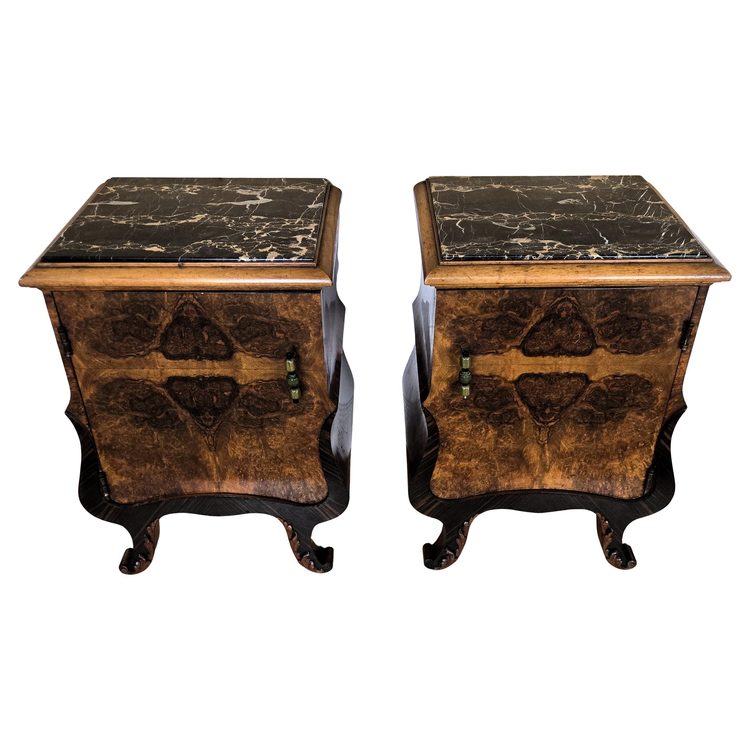 Pair of Italian Art Deco Night Stands Bed Tables in Burl Walnut Portoro Marble For Sale