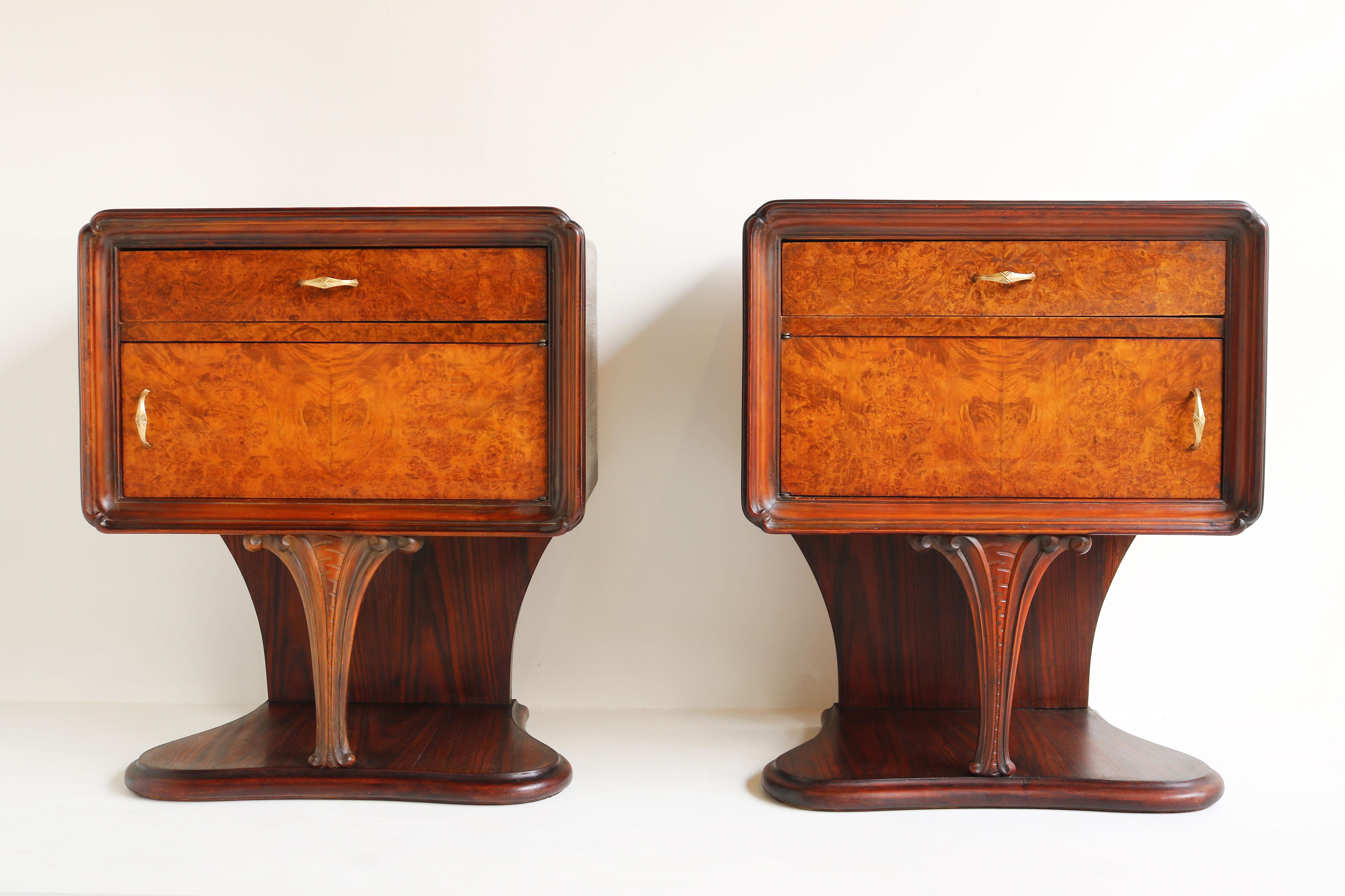 Hand-Crafted Pair of Italian Art Deco Night Stands / Bedside Tables in Rosewood & Walnut Burl