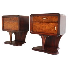 Pair of Italian Art Deco Night Stands / Bedside Tables in Rosewood & Walnut Burl