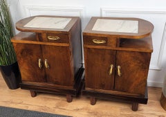 Pair of Italian Art Deco Nightstand bedside Tables in Burl Walnut and Marble Top