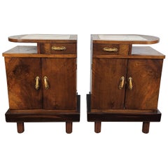 Pair of Italian Art Deco Nightstand bedside Tables in Burl Walnut and Marble Top