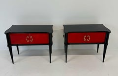 Pair of Italian Art Deco Nightstands in Red Parchment and Black Lacquer, 1950s