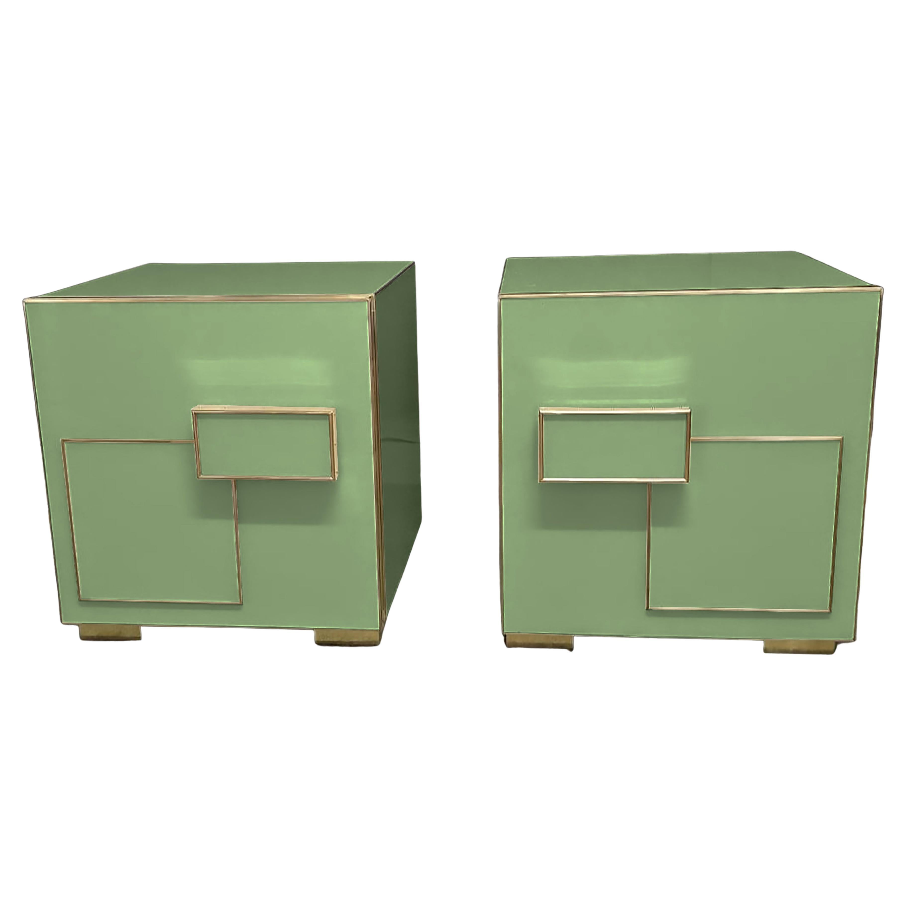 Pair of Italian Art Deco Nightstands in Glossy Green Glass with Brass Trim
