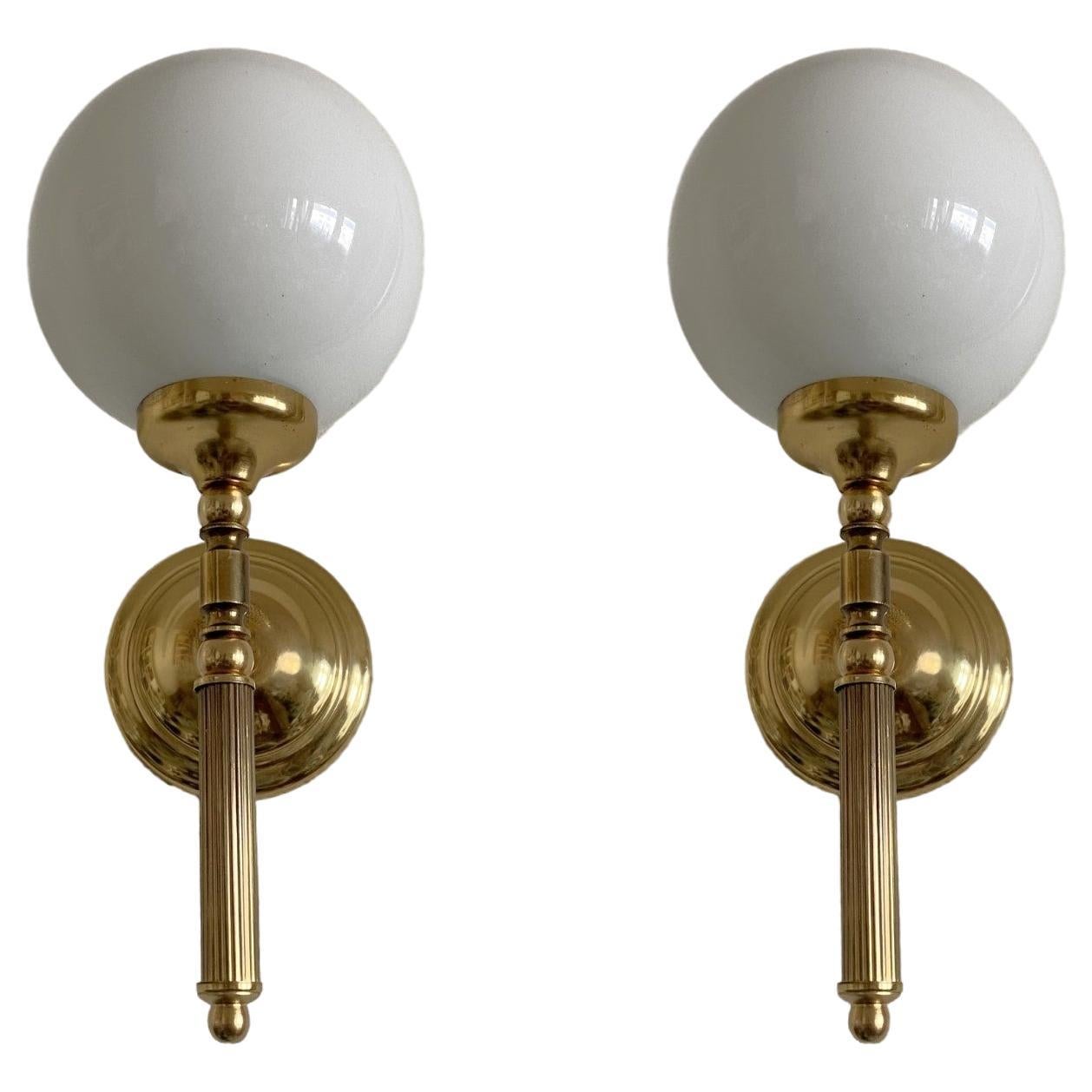 Art Deco Pair of French Maison Jansen Style Brass Opaline Glass Wall Sconces, 1950s For Sale