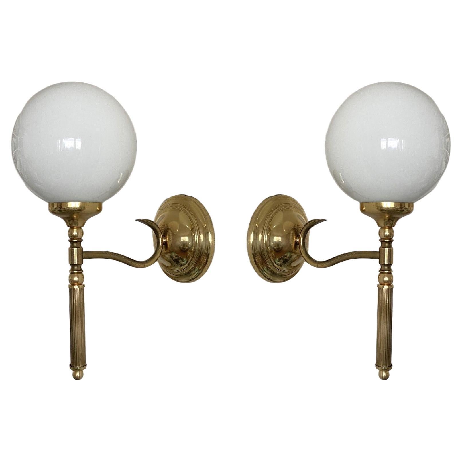 20th Century Pair of French Maison Jansen Style Brass Opaline Glass Wall Sconces, 1950s For Sale