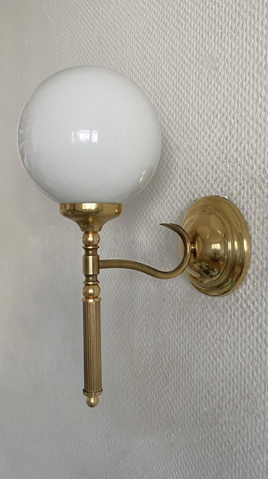 Pair of French Maison Jansen Style Brass Opaline Glass Wall Sconces, 1950s For Sale 3
