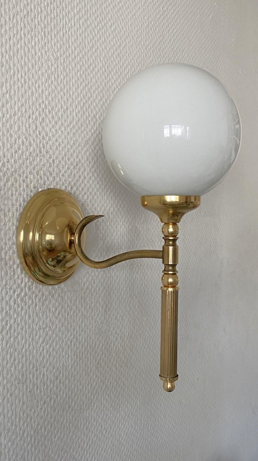 Pair of French Maison Jansen Style Brass Opaline Glass Wall Sconces, 1950s For Sale 4