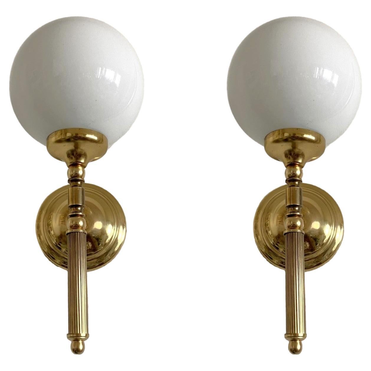 Pair of French Maison Jansen Style Brass Opaline Glass Wall Sconces, 1950s For Sale