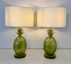 Pair of Italian Art Deco Pineapple Murano Glass Lamps with Lampshades