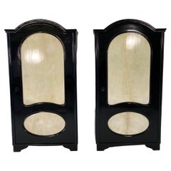 Pair of Italian Art Deco Parchment and Black Lacquer Twin Wardrobes, 1930s