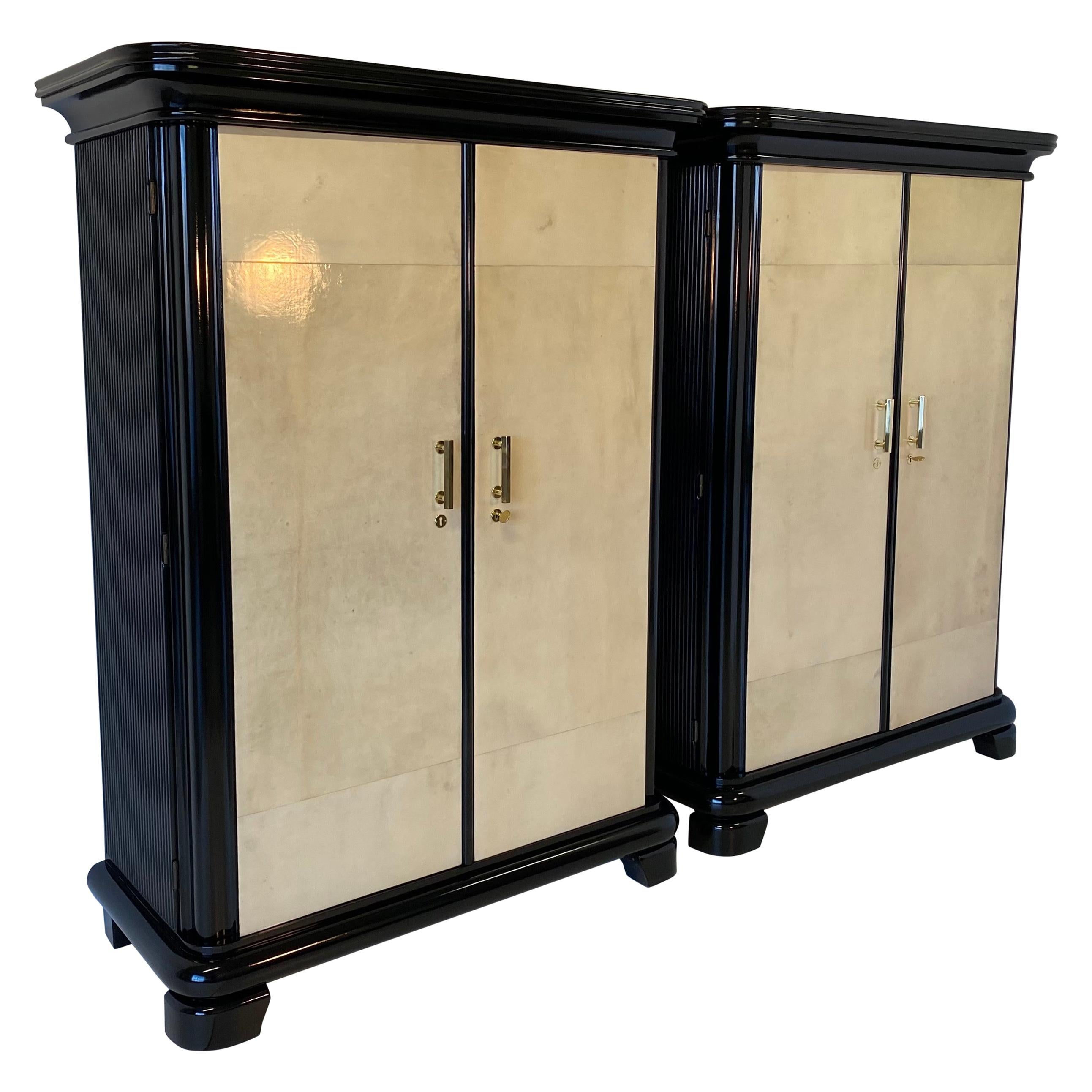 Pair of Italian Art Deco Parchment and Brass Armoire, 1930s