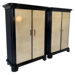 Pair of Italian Art Deco Parchment and Brass Armoire, 1930s