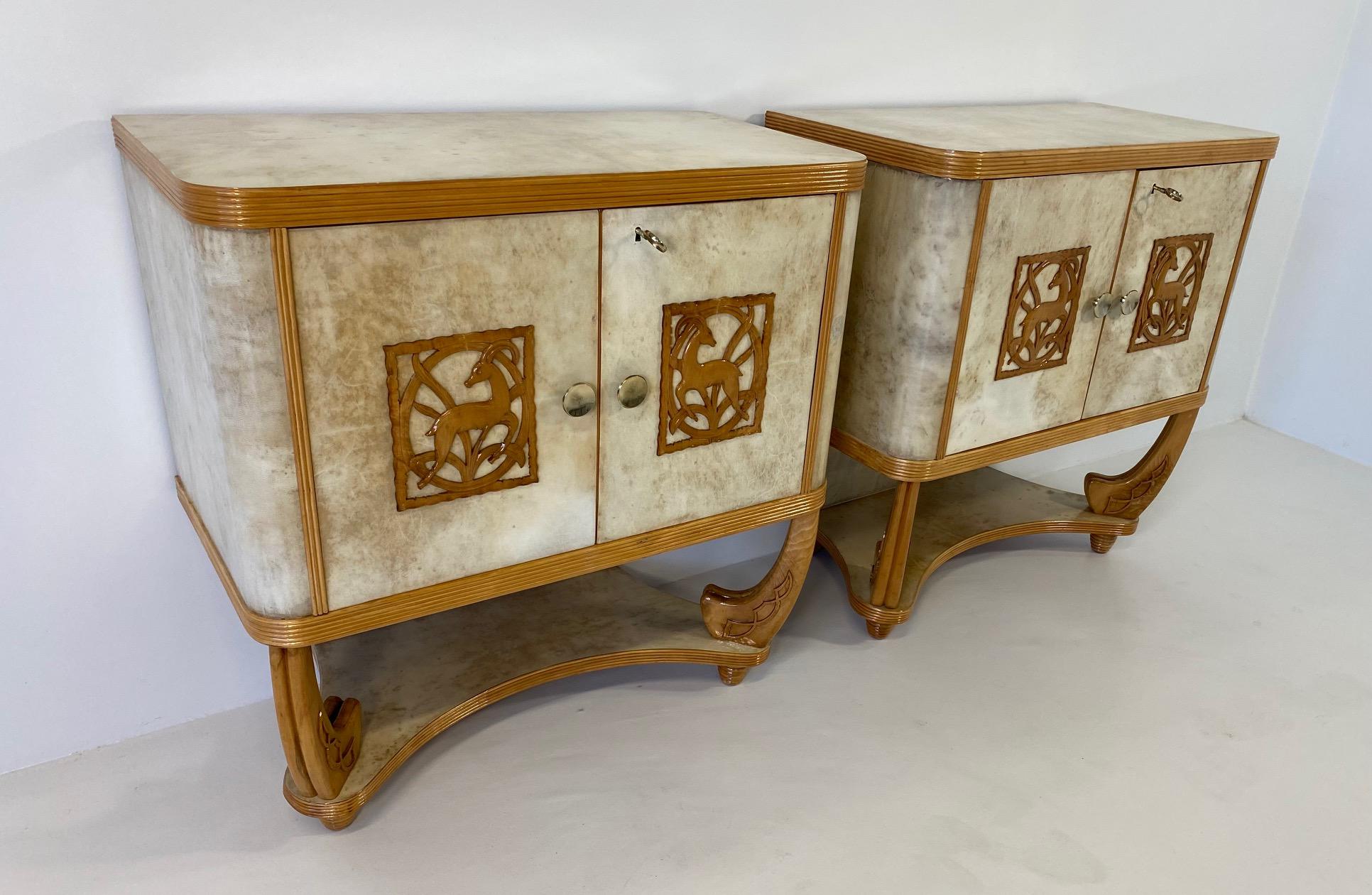 Mid-20th Century Pair of Italian Art Deco Parchment and Maple Twin Cabinets, 1930s Attr. to Colli
